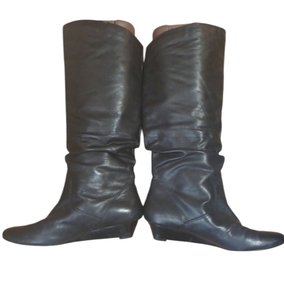 Nine West Tecce Wide Black Leather Knee High Boots Tall Slouch Wedge Boots 7.5 - Picture 2 of 15